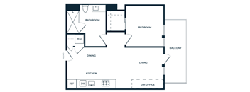 A floor plan of an apartment with a living room, dining room, kitchen, bedroom, bathroom, and ori office.