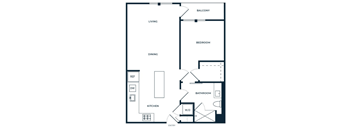 A floor plan of an apartment with a living room, dining room, kitchen, bathroom, and balcony.