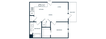 A floor plan of a home showing a living room, dining room, kitchen, bathroom, and bedroom.
