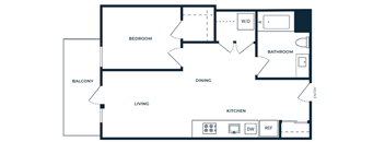 A floor plan of a house with a bedroom, bathroom, kitchen, dining area, living room, and balcony.