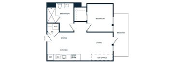 A floor plan of a house with a living room, dining room, kitchen, and two bedrooms.
