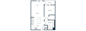 A black and white floor plan of an apartment with a living room, dining room, kitchen, bathroom, and balcony.