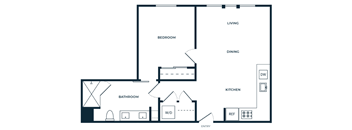 A floor plan of a house with a living room, dining room, kitchen, bedroom, bathroom, and an entry way.