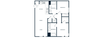 A floor plan of a two bedroom apartment with a living room, dining room, kitchen, and bathrooms.