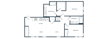 A floor plan of a house with three bedrooms, a living room, a dining room, a kitchen, and two bathrooms.