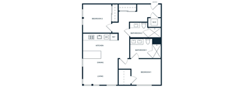 A floor plan of a house with labeled rooms such as Bedroom 2, Bathroom 2, Kitchen, Dining, Living, and Bedroom 1.