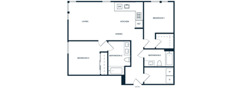 A floor plan of a house with two bedrooms, a living room, a kitchen, a dining room, and two bathrooms.