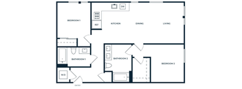 A floor plan of a house with two bedrooms, a living room, a dining room, a kitchen, and two bathrooms.