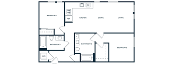 A floor plan of a house with two bedrooms, a living room, a dining room, a kitchen, and two bathrooms.