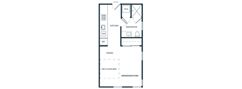 A floor plan of a small apartment with a kitchen, bathroom, and living room.