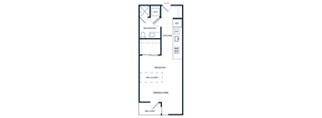 A floor plan of an apartment with a bedroom, bathroom, kitchen, dining/living room, and balcony.