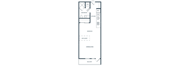 A floor plan of a house with a bedroom, a bathroom, a kitchen, a dining/living area, and a balcony.