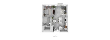 A floor plan of a small apartment with a kitchen, living room, and bathroom.
