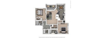 A 3D floor plan of a house with a kitchen, living room, and bathroom.
