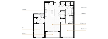 A floor plan of a house with a kitchen, living area, den, balcony, bathroom, and laundry.