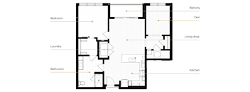 A floor plan of a house with labeled rooms such as Bedroom, Bathroom, Kitchen, Living Area, Balcony, and Laundry.