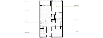 A floor plan of a house with labeled rooms such as Bedroom, Bathroom, Kitchen, Living Area, Balcony, Mudroom, and Den.