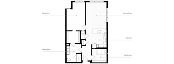 A floor plan of a house with a bedroom, bathroom, kitchen, living area, and a mudroom.