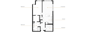 A floor plan of a house with labeled rooms such as Bedroom, Bathroom, Kitchen, Living Area, and Mudroom.