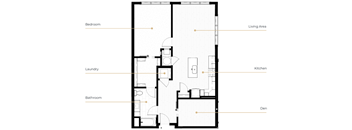 A floor plan of a house with labeled rooms such as Bedroom, Bathroom, Kitchen, Living Area, and Laundry.