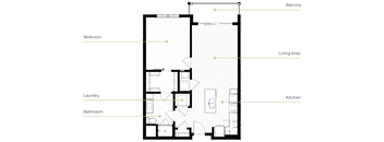 A floor plan of a house with labeled rooms such as Bedroom, Bathroom, Kitchen, Living Area, and Balcony.