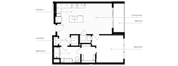 A floor plan of a house with a kitchen, laundry, bathroom, living area, balcony, and bedroom.