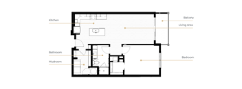 A floor plan of a house with a kitchen, bathroom, bedroom, and living area.