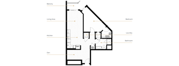 A floor plan of a house with labeled rooms such as Bedroom, Bathroom, Kitchen, Living Area, Laundry, and Den.