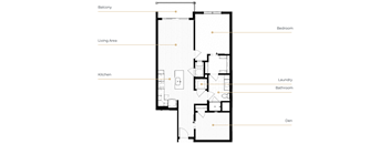A floor plan of a house with a balcony, living area, kitchen, bedroom, bathroom, laundry, and den.
