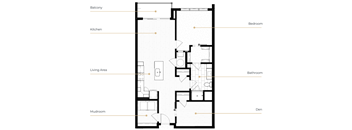 A floor plan of a house with a balcony, kitchen, living area, bathroom, bedroom, den, and mudroom.