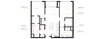 A floor plan of a house with two bedrooms, two bathrooms, a laundry room, a living area, and a kitchen.