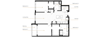 A floor plan of a house with two bedrooms, a living area, a kitchen, a balcony, and two bathrooms.