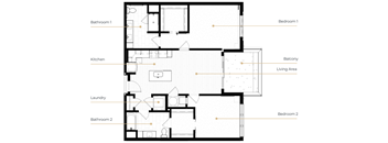 A floor plan of a house with two bedrooms, a laundry room, a kitchen, and a balcony.