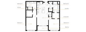 A floor plan of a house with labeled rooms such as Bathroom 1, Kitchen, Living Area, Bedroom 1, Bedroom 2, Balcony, and Laundry.