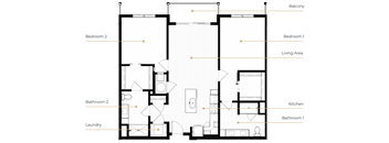 A floor plan of a house with two bedrooms, two bathrooms, a laundry room, a living area, a kitchen, and a balcony.