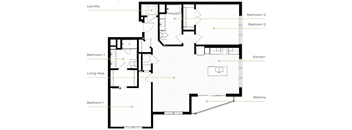 A floor plan of a house with labeled rooms such as Bedroom 1, Bathroom 1, Kitchen, and Laundry.