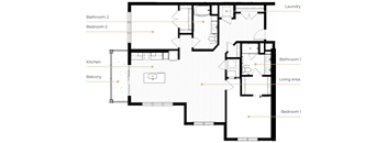 A floor plan of a house with labeled rooms such as Bedroom 1, Bathroom 1, Kitchen, Balcony, Living Area, Bathroom 2, Bedroom 2, and Laundry.