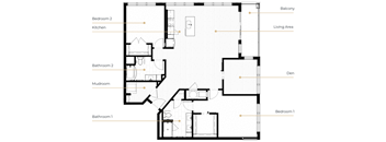 A floor plan of a house with labeled rooms such as Bedroom 1, Bathroom 1, Kitchen, and Balcony.