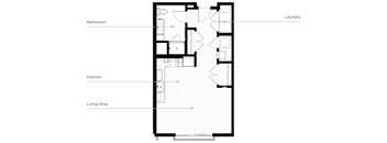 A floor plan of a house with a laundry room, bathroom, kitchen, and living area.