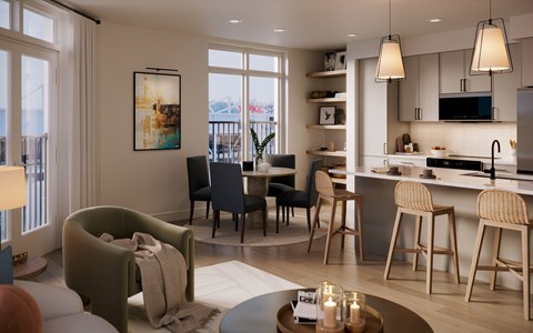 A modern living room with a large window, a kitchen area, and a dining table with chairs.