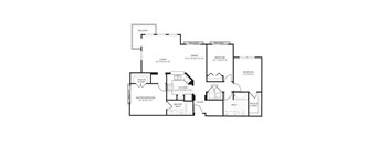 A black and white image of a house floor plan with a living room, dining room, kitchen, and multiple bedrooms.