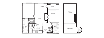 A floor plan of a house with a master bedroom, living room, dining room, kitchen, and bathroom.