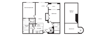 A floor plan of a house with a master bedroom, living room, dining room, kitchen, and bathrooms.