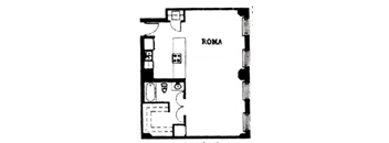 A black and white image of a floor plan with the word ROMA written on it.