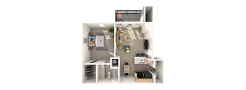A 3D floor plan of a small apartment with a kitchen, living room, and bathroom.