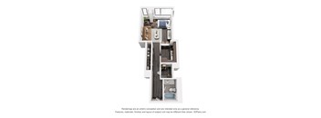A 3D floor plan of a house with a kitchen, living room, and bathroom.