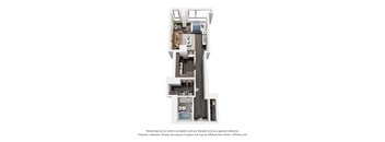 A 3D floor plan of a house with a kitchen, living room, and bathroom.
