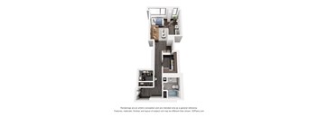 A 3D floor plan of a house with a kitchen, living room, and two bedrooms.