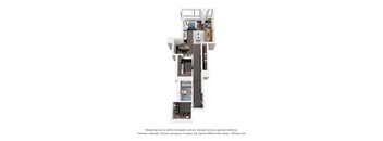 A 3D floor plan of a house with a kitchen, living room, and bathroom.