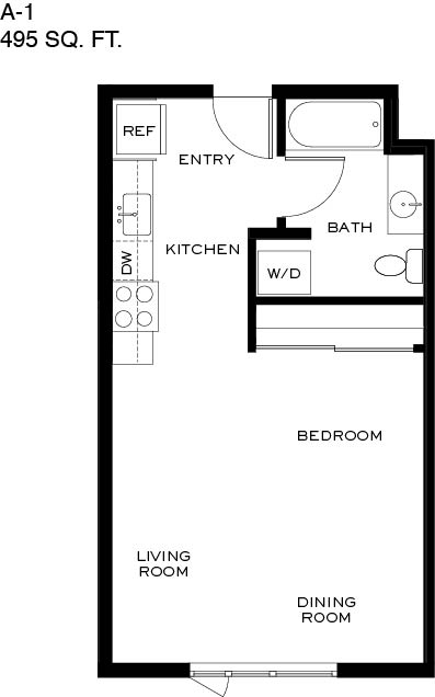 A black and white image of a floor plan for a 495 square foot apartment.